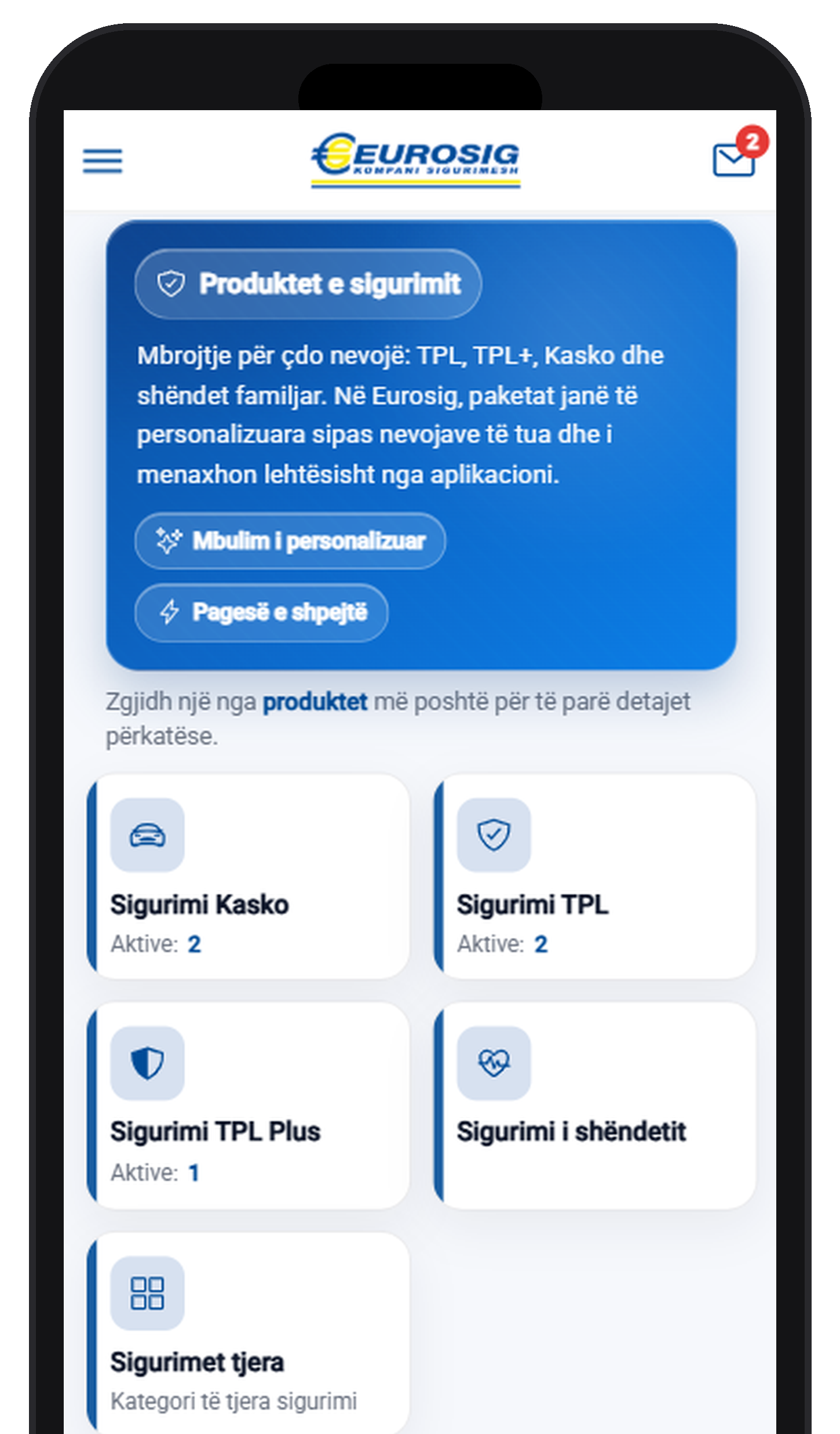 Pamje e aplikacionit mobil EUROSIG