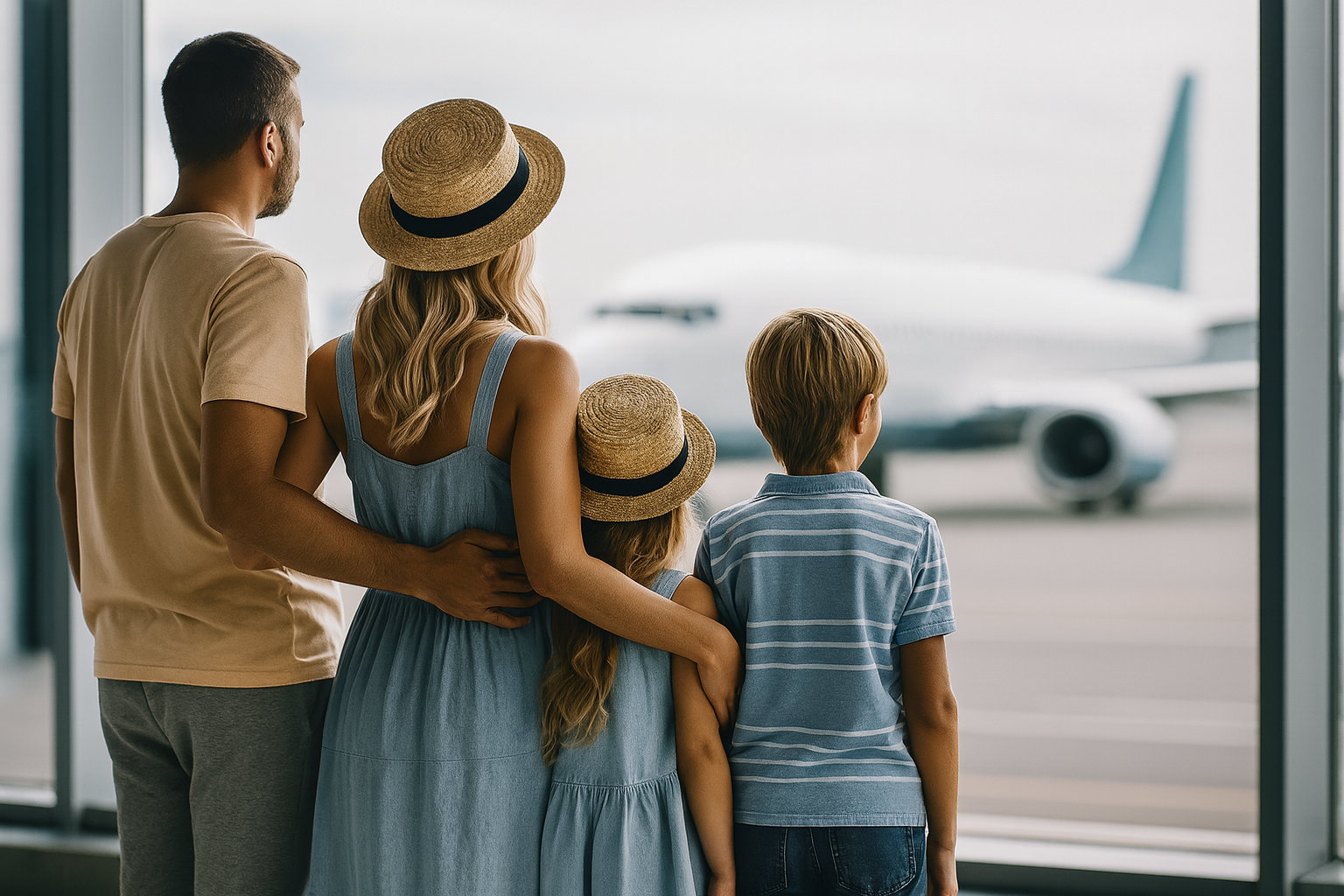 Family at the airport getting ready to travel